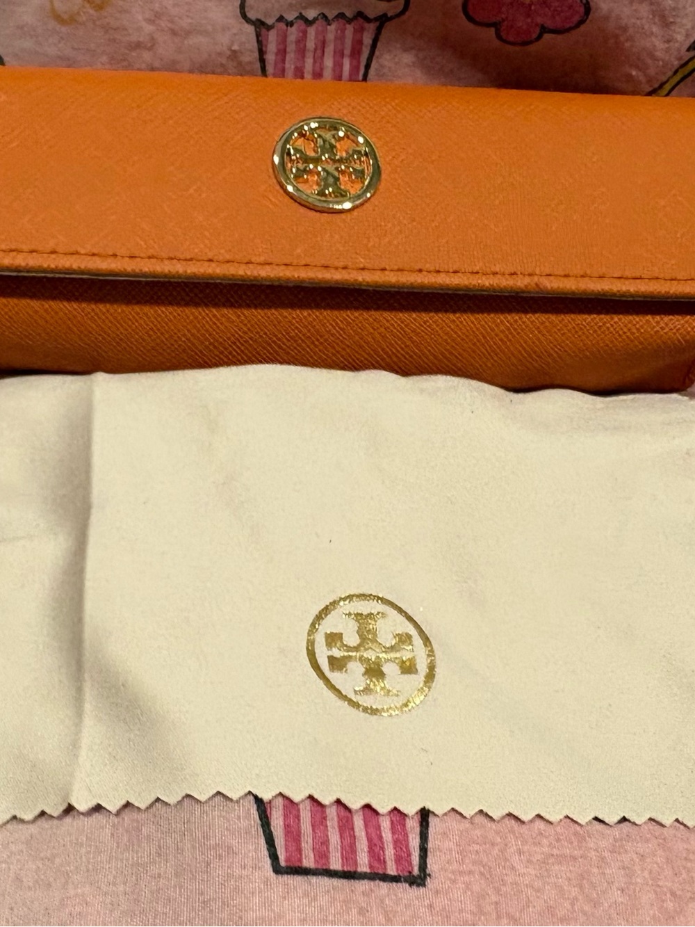Tory Burch Orange Saffiano eye glasses case with Gold Logo
